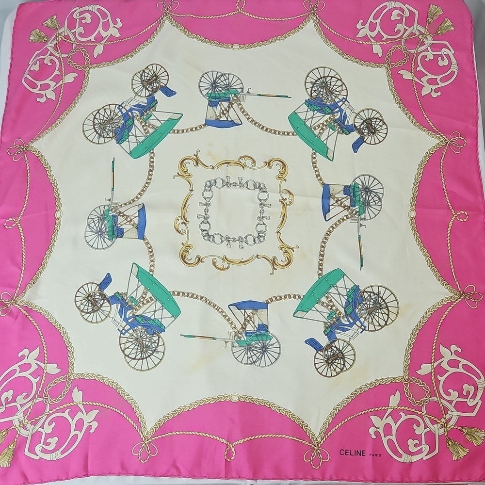 Vintage Celine Vibrant Pink and Cream Carriage Silk Scarf